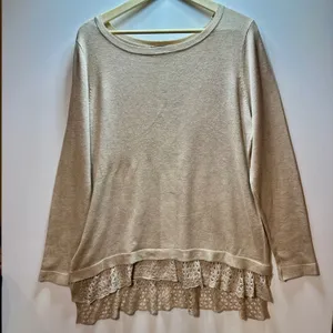 Cyrus Beige Knit Sweater Crochet Lace Tiered Hem Long Sleeve Pullover L tunic thumbnail 1