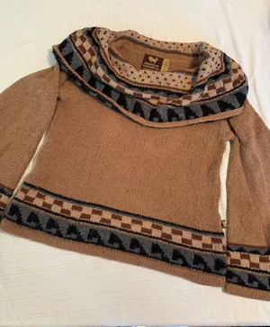 Peruvian Trading Co 100% Alpaca Wool Cowl Neck Sweater Tan‎ Geometric Boho Small thumbnail 1