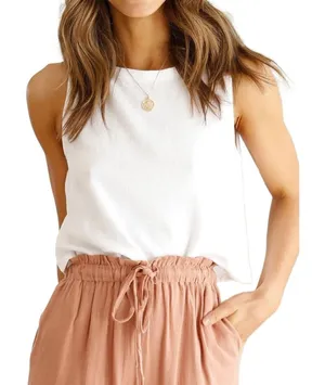 NWT White Linen Blend High Neck Tank Top Button Back Sleeveless Crop Top Medium thumbnail 1