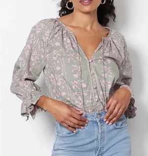 Cleobella Geen Pink Whitley Ruffle Sleeve Button Front Top Size Small thumbnail 1