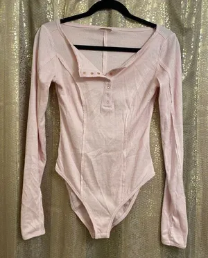 Free People Pink Nectar Sloane Henley Long Sleeve Bodysuit, XS thumbnail 1