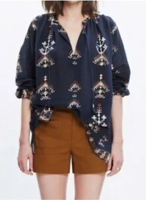 Madewell Women's Navy Embroidered Peasant Top‎ Size Medium Aztec Southwest Boho thumbnail 1