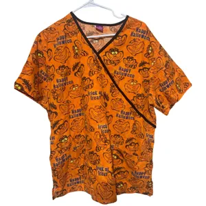 Women's Disney‎ Scrub Top XL Cheshire Cat Alice in Wonderland Halloween Orange thumbnail 1