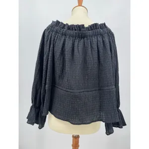 SCOOP Off Shoulder Peplum Blouse Black Tie Waist Long Ruffle Sleeve Casual Top L thumbnail 6