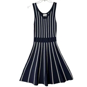 Magia USA Navy Blue White‎ Striped Knit Fit Flare Midi Dress Sleeveless Large thumbnail 2