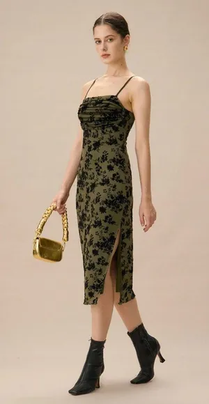 Rihoas Green Jacquard Ruched Slit Midi Dress thumbnail 4