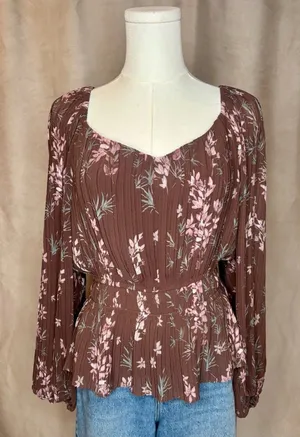 Les Serein Floral Peplum Blouse Small Long Sleeve Brown Pink Boho thumbnail 1