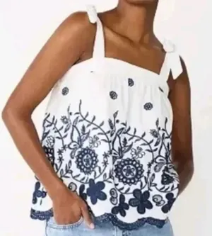 Draper James RSVP White Tank Top With Blue Floral Eyelets Women’s Large thumbnail 1