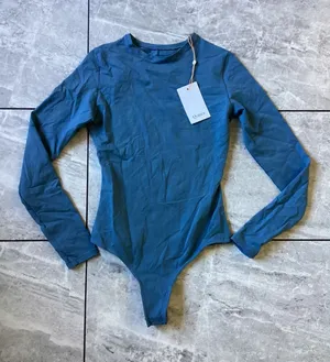 Quince Women Organic Cotton Stretch Long Sleeve Crew Neck Bodysuit Blue XS NEW thumbnail 1