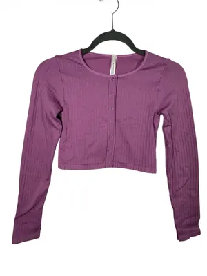 Anthropologie‎ Velvet Ribbed Cropped Cardigan Top Pink Snap Front XXS XS thumbnail 3