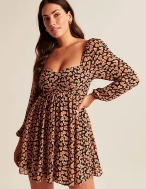 (NWT) Abercrombie & Fitch Floral Babydoll Long Sleeves Short Dress Size L thumbnail 1