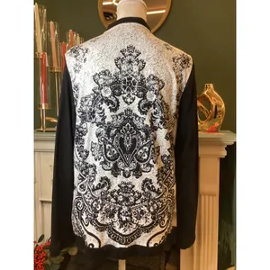Onque Casuals Black White Damask Print Bomber Jacket Zipper‎ Pockets Size M thumbnail 3