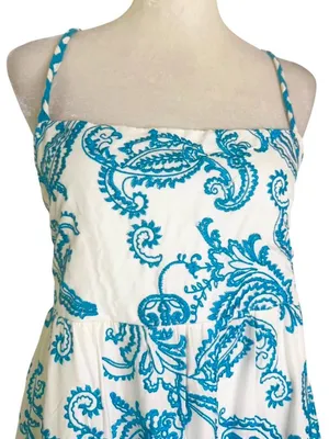 Alice + Olivia Khira Embroidered Mini Dress Bow Back Ivory Turquoise Size 8 Flaw thumbnail 6