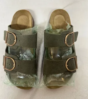 Olive Double-Buckle Slide Sandals with Rose-Gold Buckles Leather thumbnail 1
