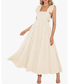 NEW Flutter Sleeve Square Neck Tie Back A-Line Maxi Dress Pocket L thumbnail 1