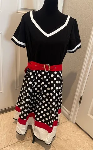 Swing dress black white red polka dot red belt 36" waist thumbnail 1