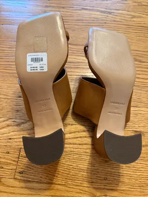 NWOB Anthropologie Tan Leather Block Heel Toe-Ring Slides with Gold Accents thumbnail 8
