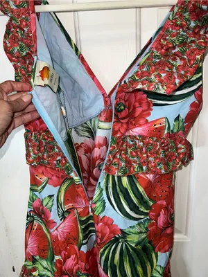 FARM Rio Watermelon Flowers Mini Dress Red Multi Cotton Ruffle Size S thumbnail 5