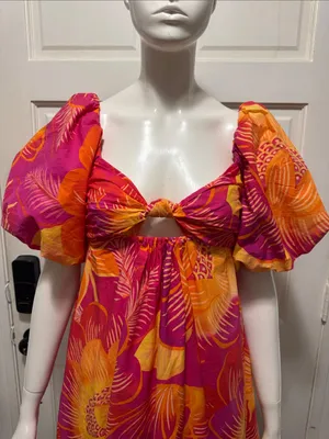 Farm Rio Summer Garden Puff Sleeve Cut Out Dress Womens Sz Small New $185 thumbnail 4