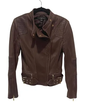 Via Spiga Moto Jacket Women S Brown Leather Biker Quilted Ribbed Gold Hardware thumbnail 1