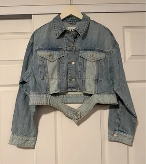 Zara Denim Jeans Jacket Cropped Blue Color‎ Block thumbnail 1