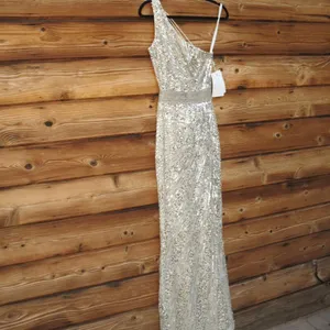 Mac Duggal 5687 SEQUINED ONE SHOULDER DRAPED LACE UP GOWN dress Silver 8 thumbnail 7