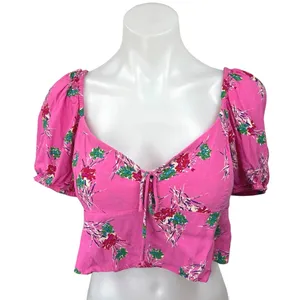 Zara Pink Floral Sweetheart Neck Short Puff Sleeve Smocked Blouse Crop Top Sz M thumbnail 1
