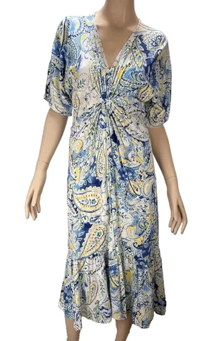 Ralph Lauren‎ Paisley A-Line Midi Dress Size L Blue White Linen Viscose Jersey thumbnail 1