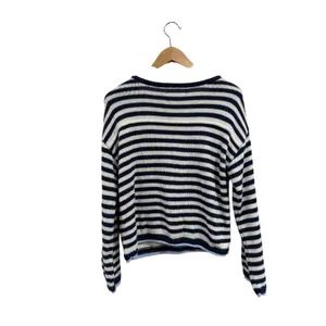 American Eagle Striped Knit Sweater Navy White Light Blue Trim Women Small thumbnail 2