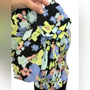 Free People Smocked Floral Puff Sleeve Top‎ XS – Square Neck Black Multicolor thumbnail 6