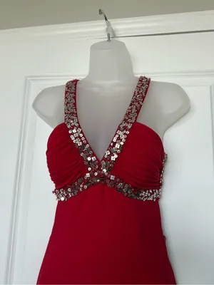 Hailey Logan by Adrianna Papell Red Sequin Cage Back Maxi Gown Prom Dress 3/4 thumbnail 3