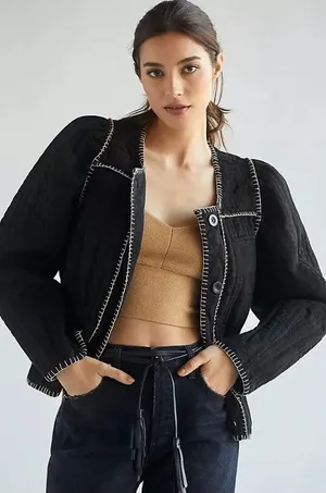 Anthropologie Quilted Puff Sleeve Jacket in‎ Black thumbnail 1