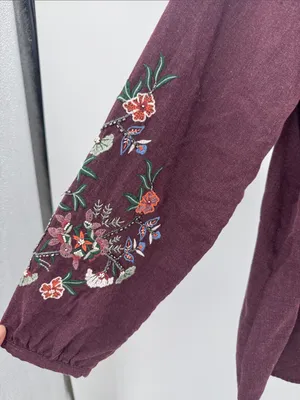 J. Jill Deep Plum maroon embroidered Long-Sleeve Round Neck top boho fall L thumbnail 5