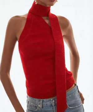 Reformation | Allegra Cotton Halter Scarf Knit Sweater Tank Sun-Dried Tomato Red thumbnail 1