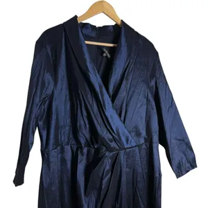 Marina Plus Size Navy Taffeta Surplice V-Neck 3/4 Sleeve Faux Wrap Dress 2X thumbnail 5