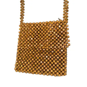 Wooden Beaded Crossbody Bag Purse Boho Hippie Granola Natural Textured‎ 7x7.5 thumbnail 2