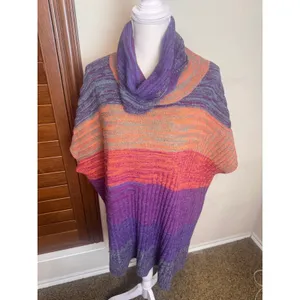 Multiples Women XL Poncho Cowl Neck Sweater Wool Blend Striped Purple Orange thumbnail 6