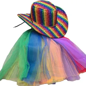 Rainbow sparkle glitter Cowboy Hat & Tutu Set pride LGBTQIA+ rainbow halloween thumbnail 1