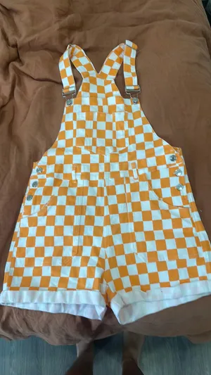 Orange & White Checkered Romper Overalls thumbnail 2