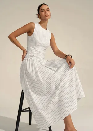 Commense Cotton Blend Striped Ruched Maxi Dress White XS NWT Pockets thumbnail 1