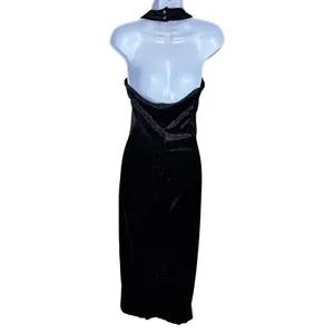 All That Jazz Vintage 90s Black‎ Crushed Velvet Halter Maxi Dress Side Slit Med thumbnail 5