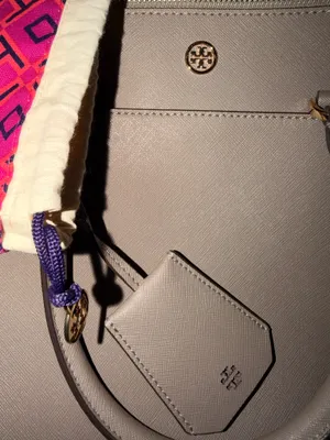 Tory Burch Taupe Gray Structured Tote Bag | Gold Hardware| Large Purse thumbnail 8