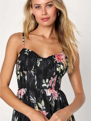Lulus Elegant Radiance Classic Black Floral Print Ruffled Bustier Midi Dress M thumbnail 4