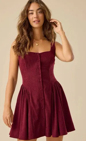 Altar'd State Ollie Mini Dress Burgundy Corduroy XS thumbnail 1