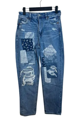 American Eagle Distressed Blue Patchwork Mom Straight Leg Jeans thumbnail 1