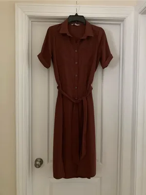 Women's Rust Collared Midi Shirt Dress with Waist Tie thumbnail 5