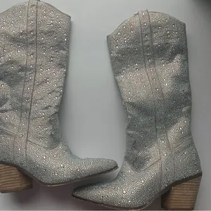Boutique Silver Crystals Bling Rhinestone Western Cowboy Boots Size 5 6 thumbnail 3