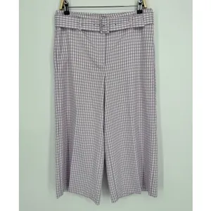 Ann Taylor Wide Leg Crop Pants Size 10 Purple Gingham Belted Preppy Career thumbnail 3