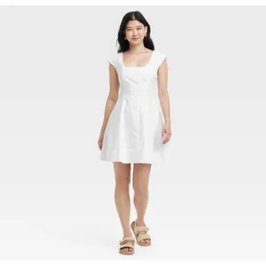A‎ New Day Women White Cotton Cap Sleeve Square Neck Fit & Flare Mini Dress 12 thumbnail 3