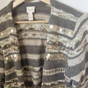 Chico's Cardigan Womens M Greta Sweater Neutral Patterned Sequin Metal Boho thumbnail 5